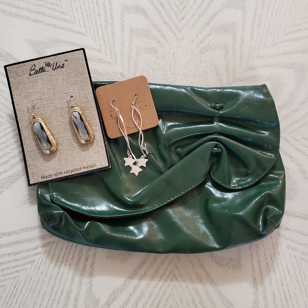 Mini Clutch Dark Green Bag & 2 Pairs of Earrings